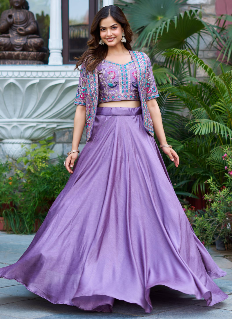 Embroidered Blouse And Jacket With Vichitra Silk Lavender Lehenga