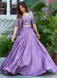 Embroidered Blouse And Jacket With Vichitra Silk Lavender Lehenga