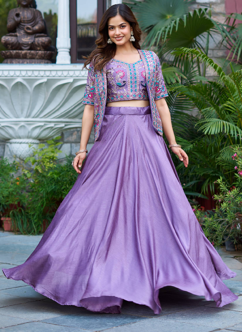 Embroidered Blouse And Jacket With Vichitra Silk Lavender Lehenga