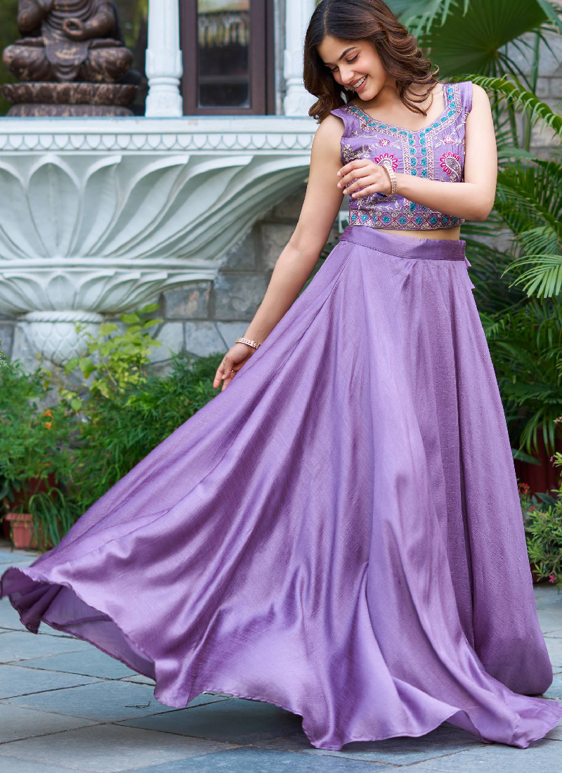 Embroidered Blouse And Jacket With Vichitra Silk Lavender Lehenga