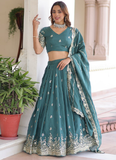 Embroidered Work Vichitra Silk Rama Green Lehenga Choli For Women