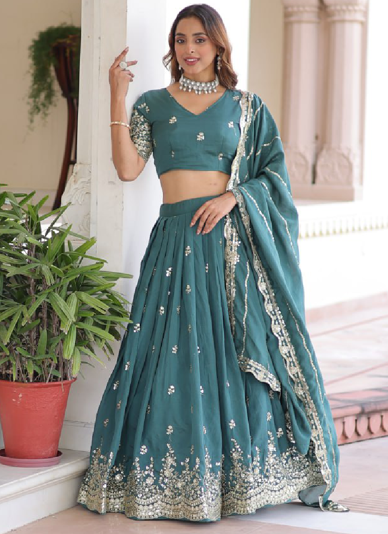 Embroidered Work Vichitra Silk Rama Green Lehenga Choli For Women