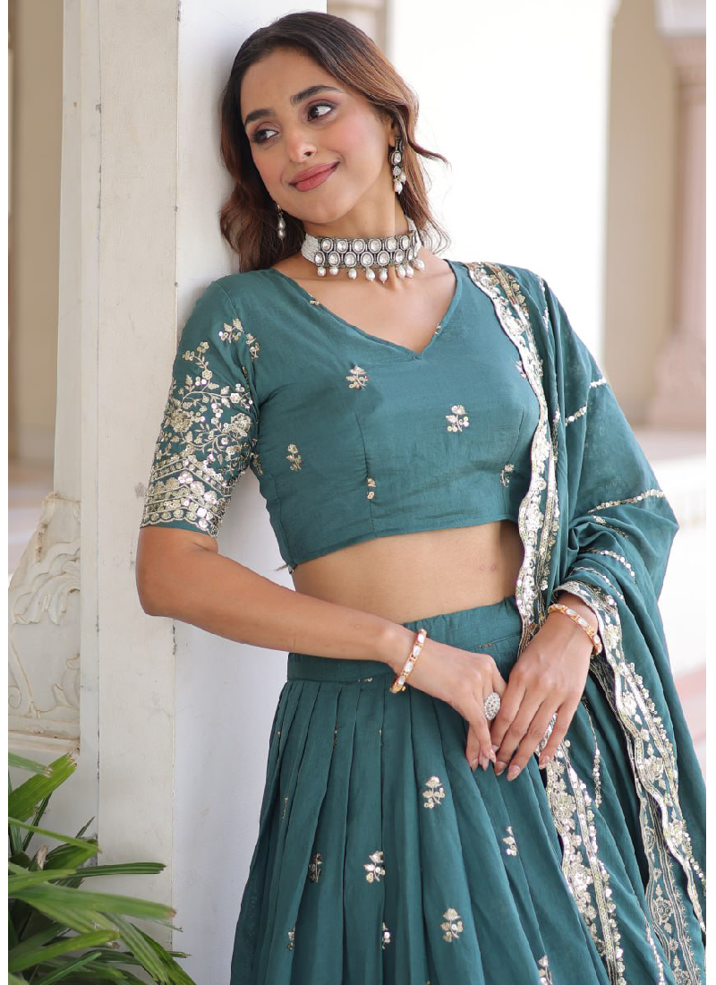 Embroidered Work Vichitra Silk Rama Green Lehenga Choli For Women