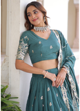 Embroidered Work Vichitra Silk Rama Green Lehenga Choli For Women