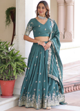 Embroidered Work Vichitra Silk Rama Green Lehenga Choli For Women