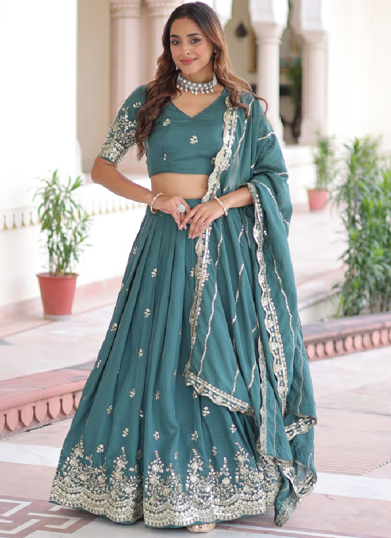 Embroidered Work Vichitra Silk Rama Green Lehenga Choli For Women