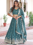 Embroidered Work Vichitra Silk Rama Green Lehenga Choli For Women