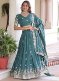 Embroidered Work Vichitra Silk Rama Green Lehenga Choli For Women