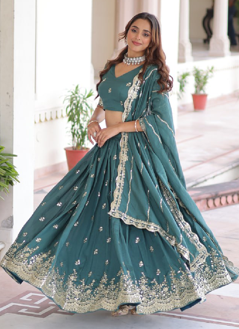 Embroidered Work Vichitra Silk Rama Green Lehenga Choli For Women