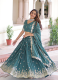 Embroidered Work Vichitra Silk Rama Green Lehenga Choli For Women