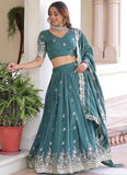 Embroidered Work Vichitra Silk Rama Green Lehenga Choli For Women