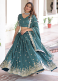 Embroidered Work Vichitra Silk Rama Green Lehenga Choli For Women