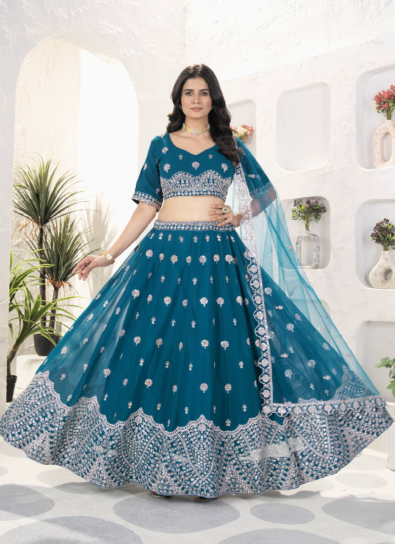 Enhanced Sequence Embroidered Teal Blue Georgette Lehenga Choli