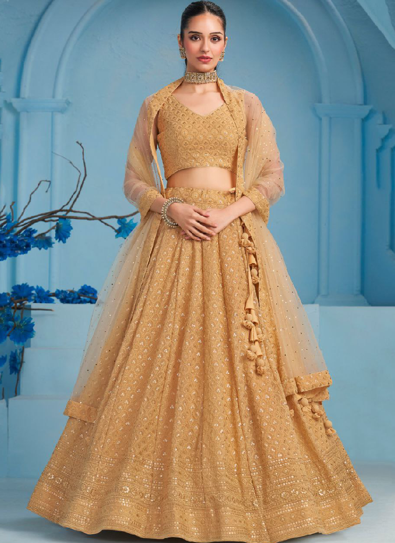 Eye-catching Sequence Work Georgette Beige Lehenga Choli For Women