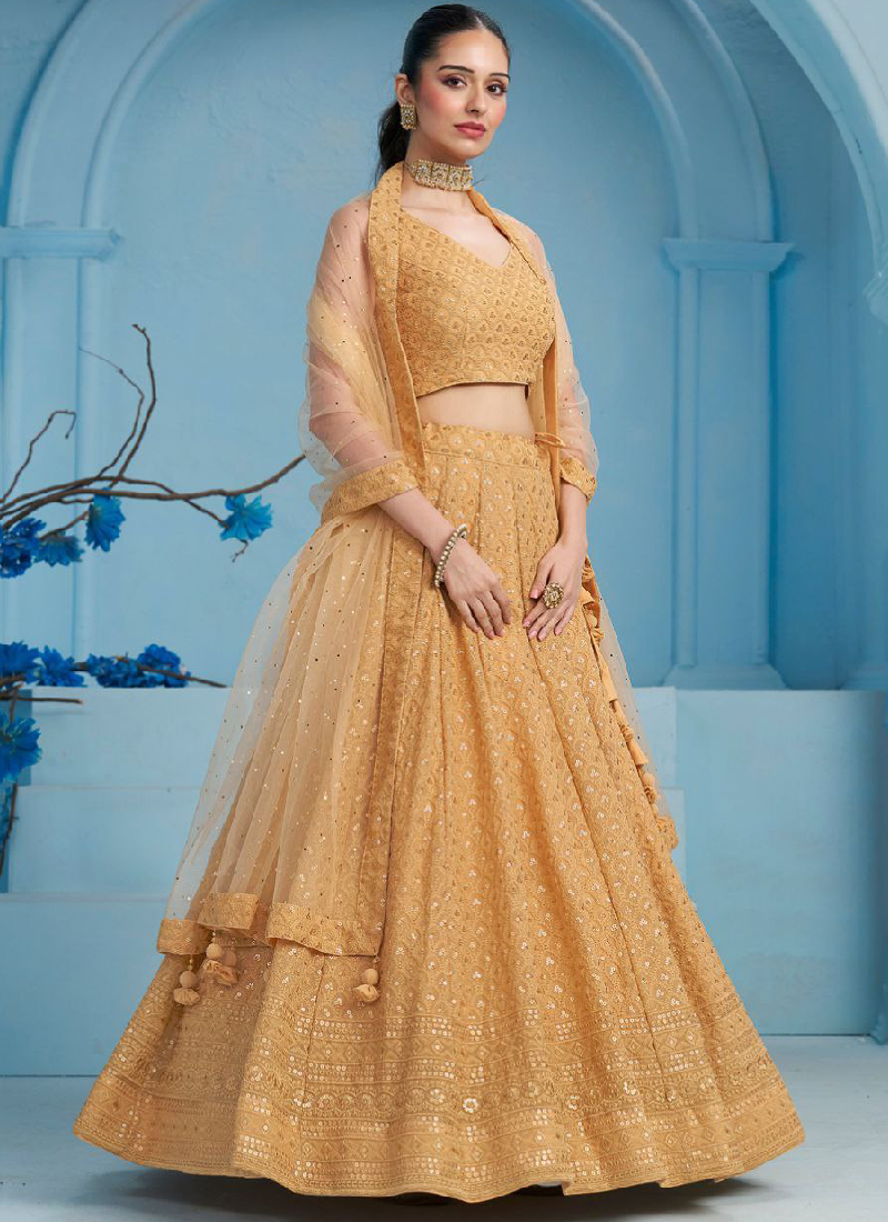 Eye-catching Sequence Work Georgette Beige Lehenga Choli For Women