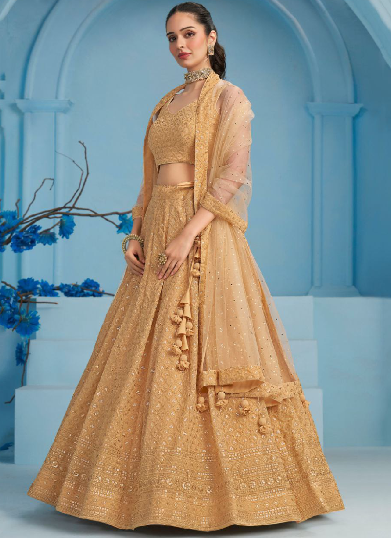 Eye-catching Sequence Work Georgette Beige Lehenga Choli For Women