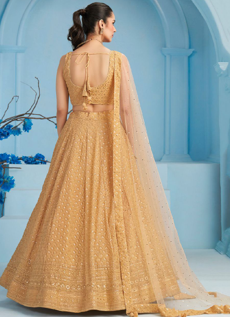 Eye-catching Sequence Work Georgette Beige Lehenga Choli For Women