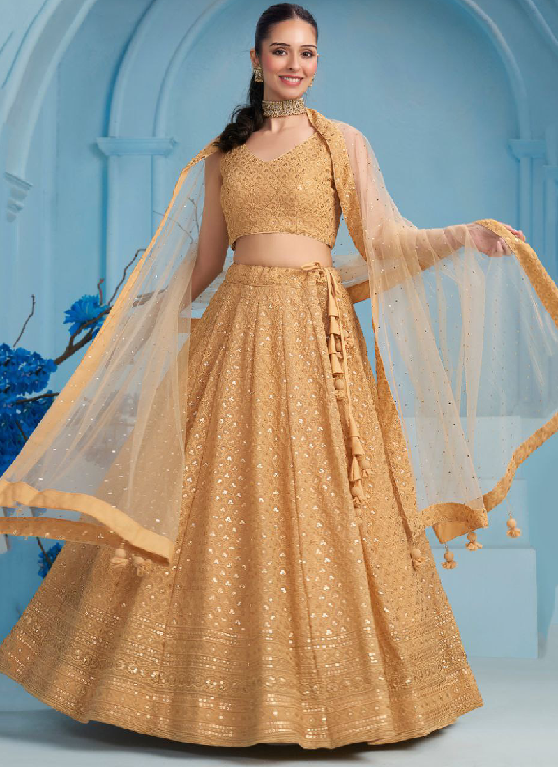 Eye-catching Sequence Work Georgette Beige Lehenga Choli For Women