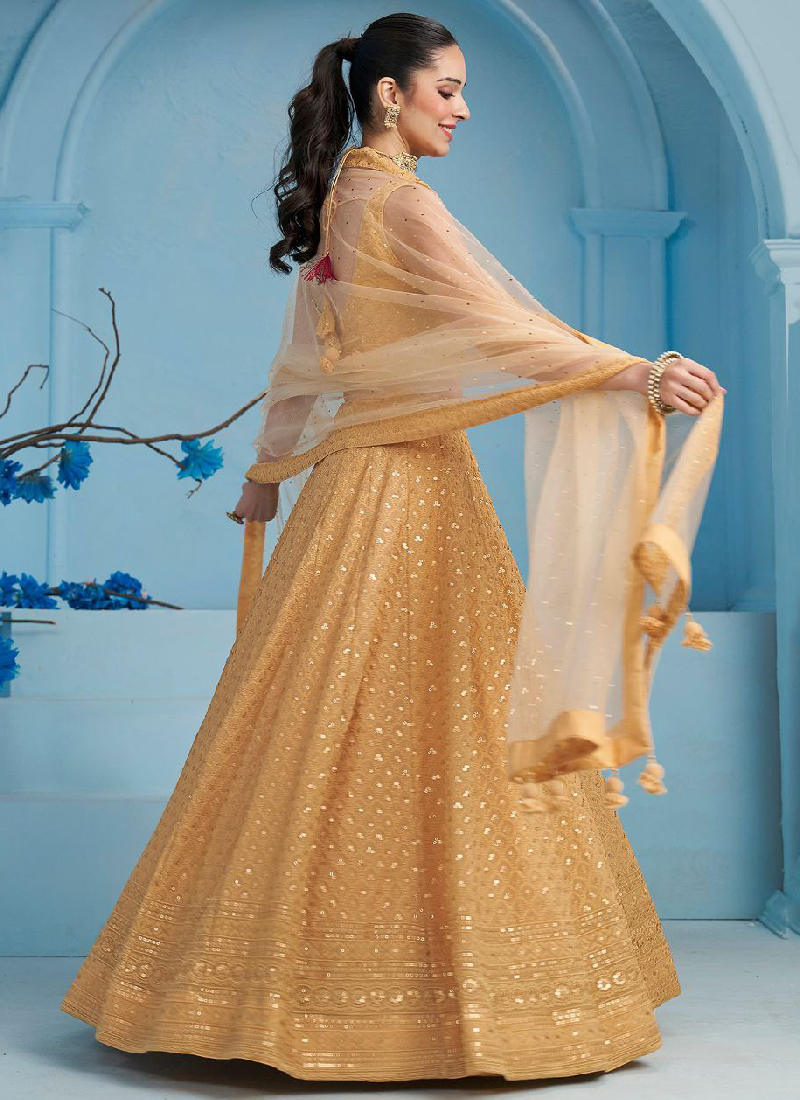 Eye-catching Sequence Work Georgette Beige Lehenga Choli For Women