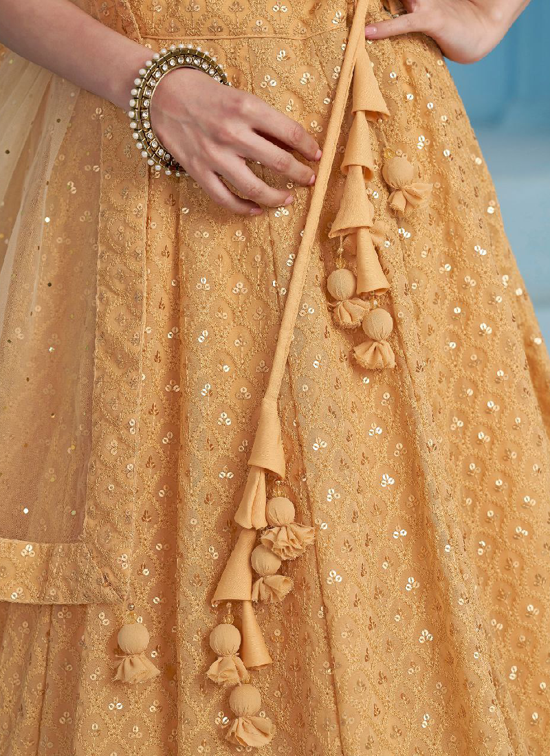 Eye-catching Sequence Work Georgette Beige Lehenga Choli For Women
