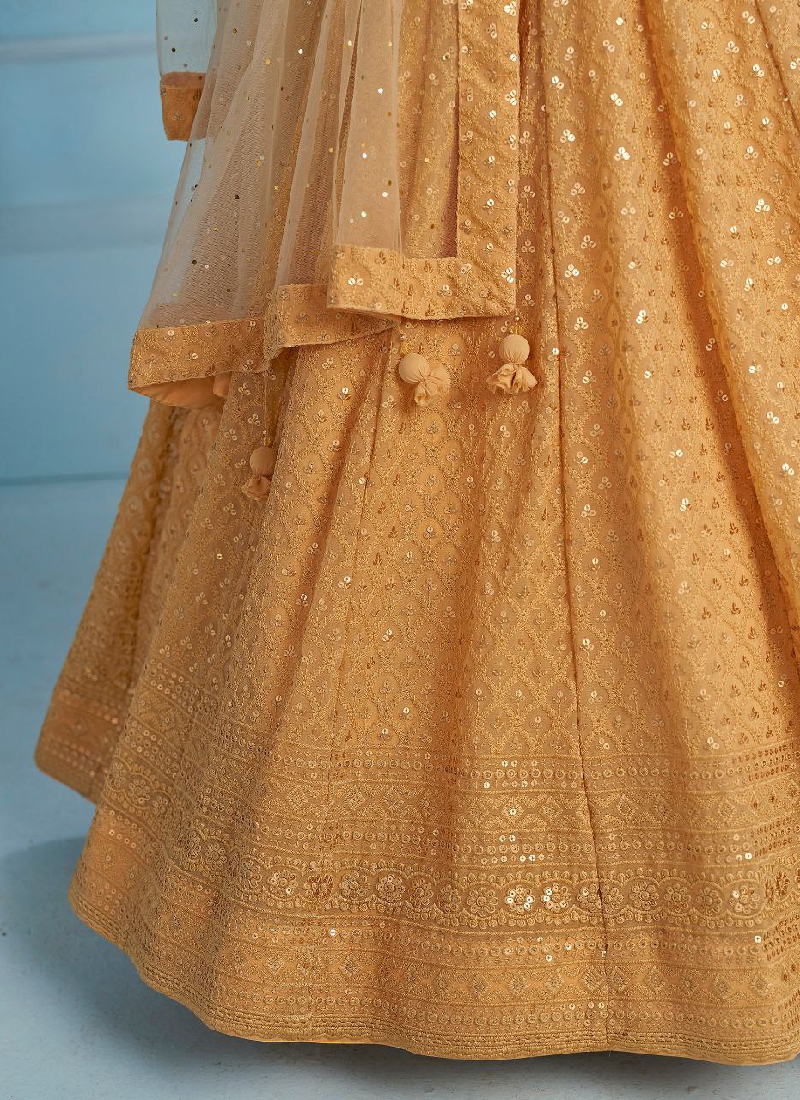 Eye-catching Sequence Work Georgette Beige Lehenga Choli For Women