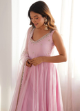 Fancy Light Pink Georgette Real Mirror Work Party Wear Anarkali Gown
