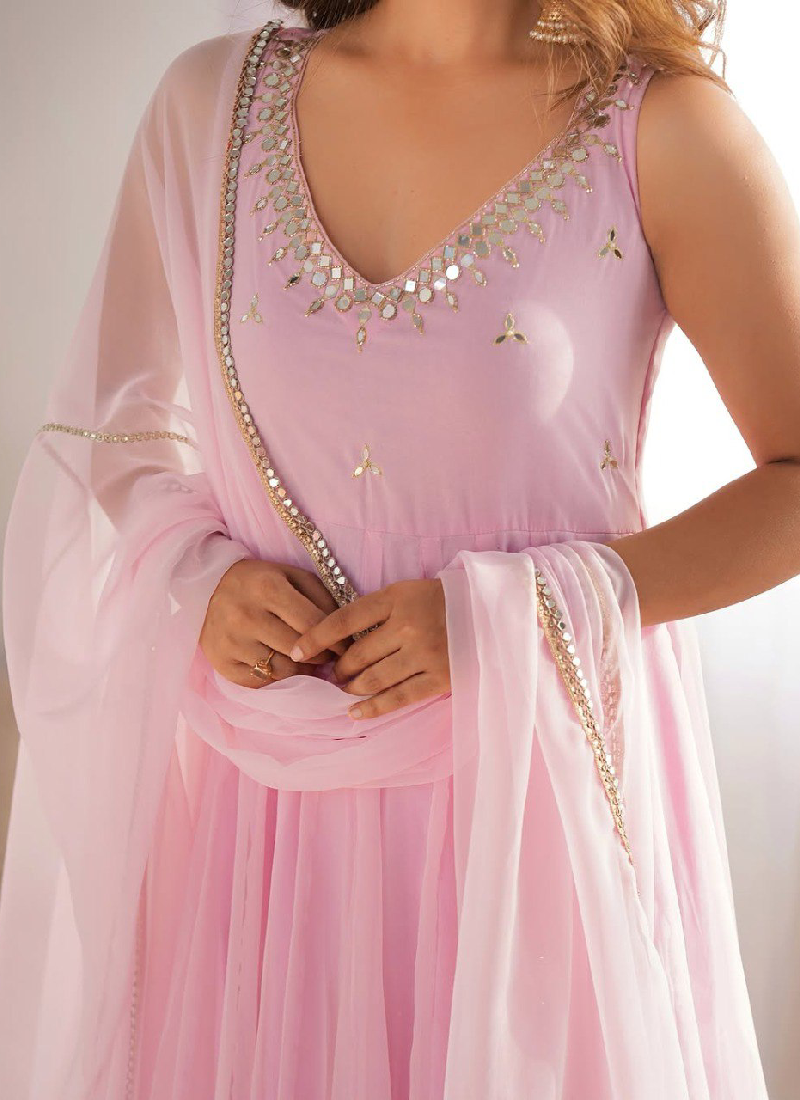 Fancy Light Pink Georgette Real Mirror Work Party Wear Anarkali Gown