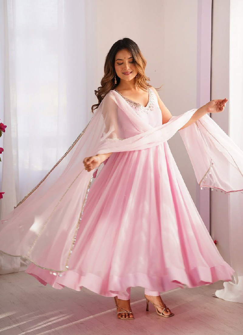 Fancy Light Pink Georgette Real Mirror Work Party Wear Anarkali Gown