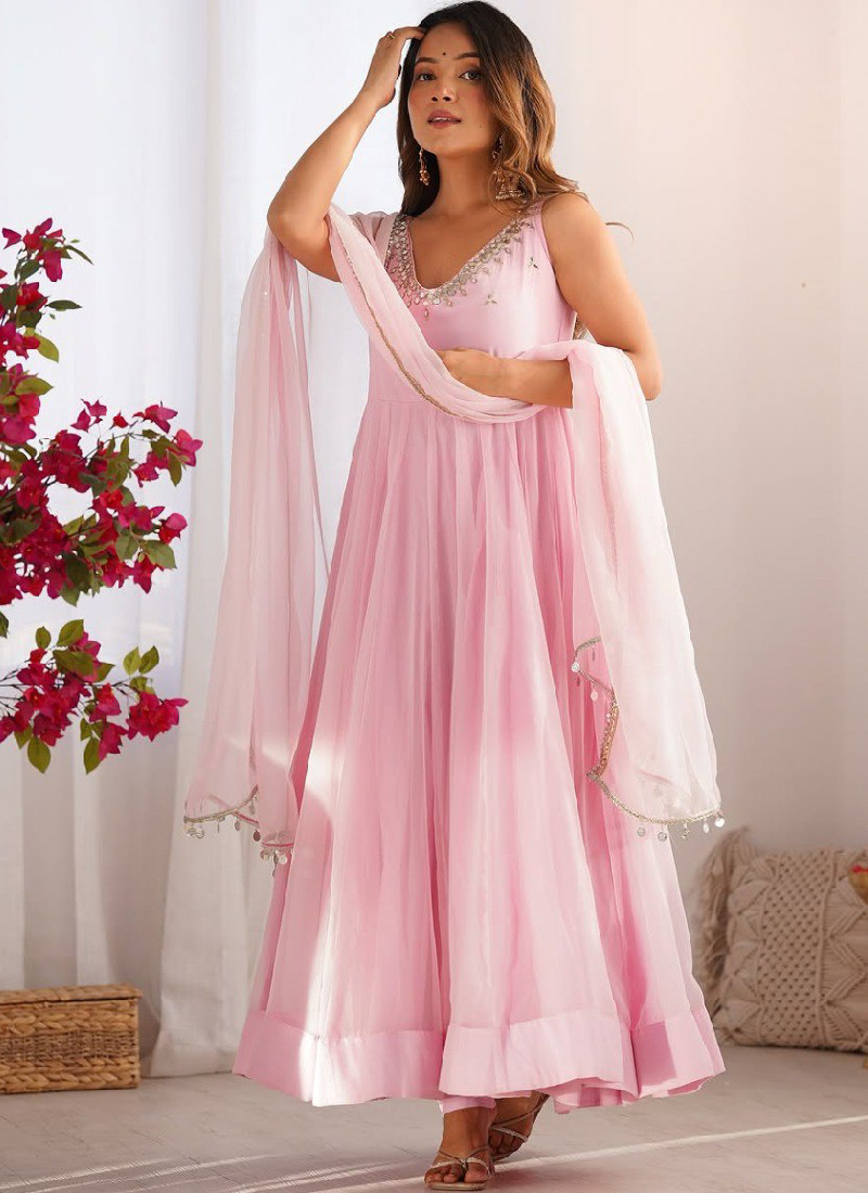 Fancy Light Pink Georgette Real Mirror Work Party Wear Anarkali Gown