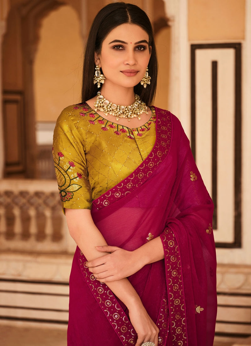 Fancy Red Chinon Silk Thread Embroidered Saree With Blouse