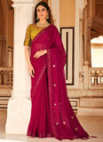 Fancy Red Chinon Silk Thread Embroidered Saree With Blouse