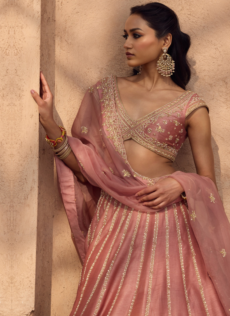 Fancy Silk Zari Embroidery Blush Pink Wedding Wear Heavy Lehenga Choli
