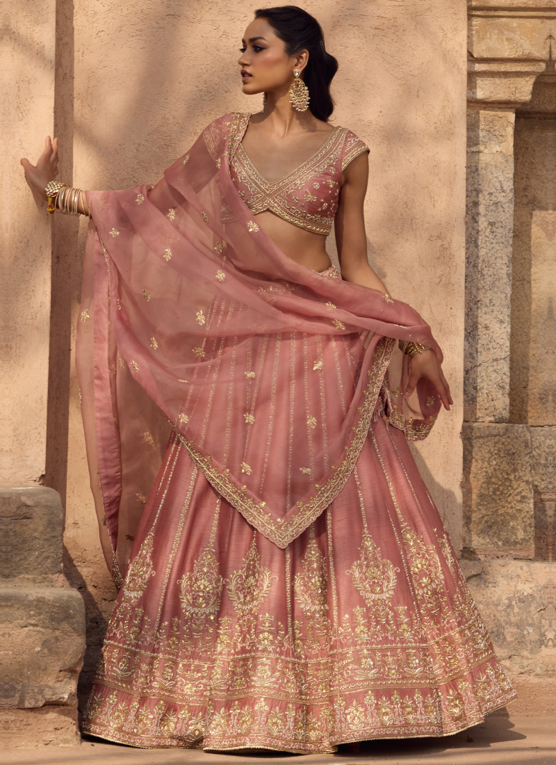 Fancy Silk Zari Embroidery Blush Pink Wedding Wear Heavy Lehenga Choli