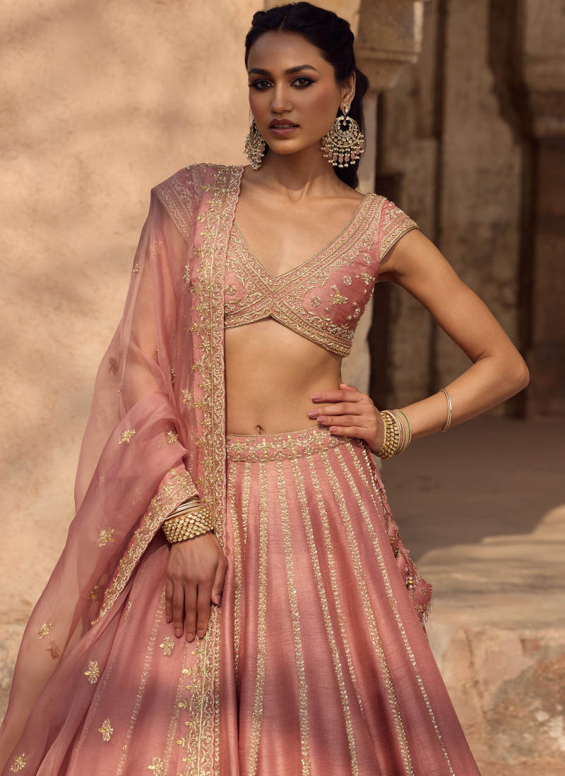 Fancy Silk Zari Embroidery Blush Pink Wedding Wear Heavy Lehenga Choli