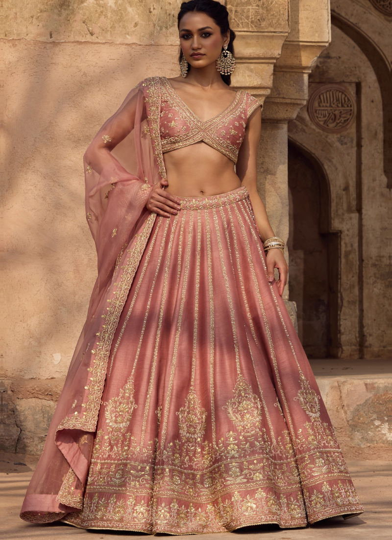 Fancy Silk Zari Embroidery Blush Pink Wedding Wear Heavy Lehenga Choli