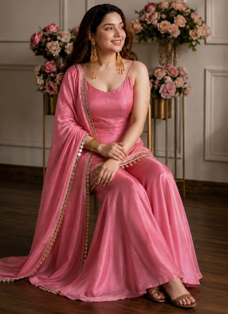 Fandy Silk Pink Reception Wear Real Mirror Work Punjabi Salwar Kameez