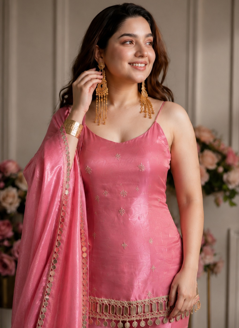 Fandy Silk Pink Reception Wear Real Mirror Work Punjabi Salwar Kameez