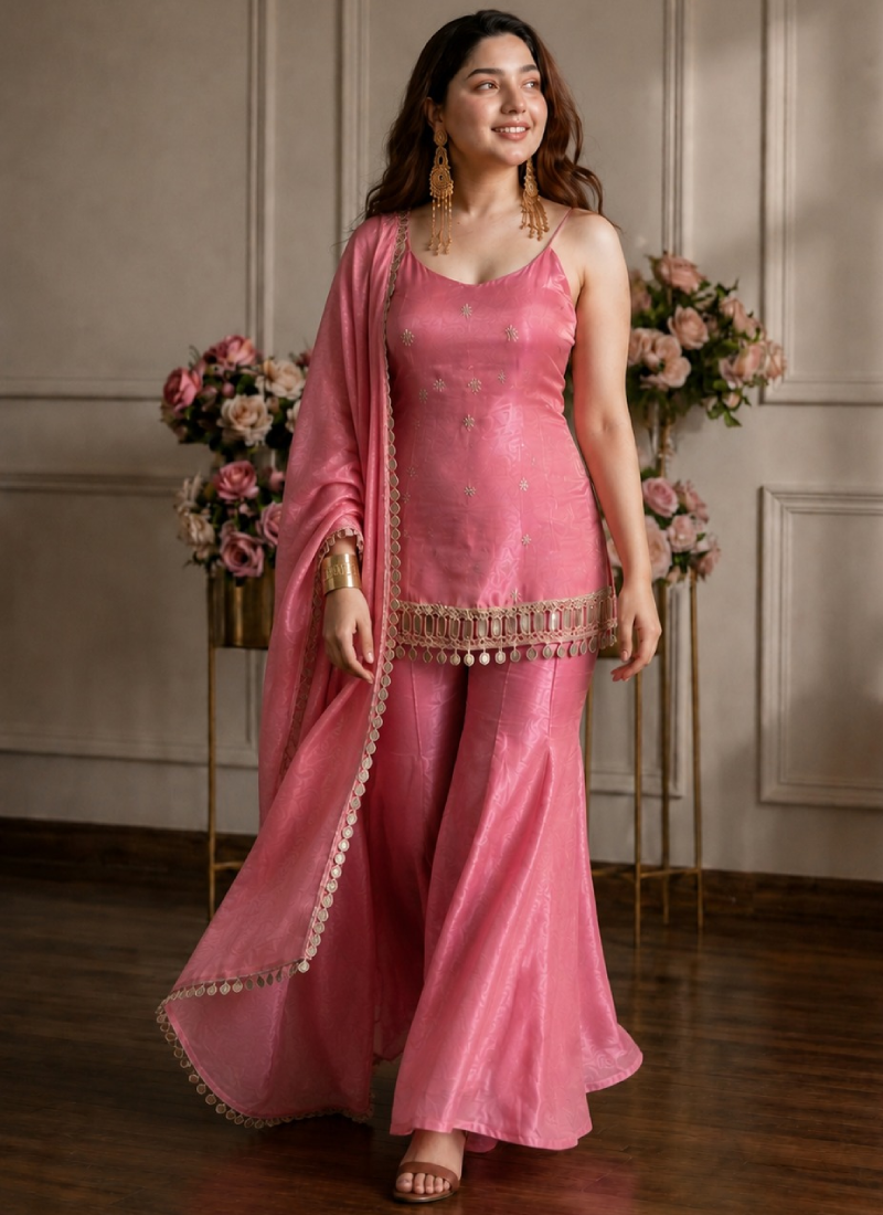 Fandy Silk Pink Reception Wear Real Mirror Work Punjabi Salwar Kameez