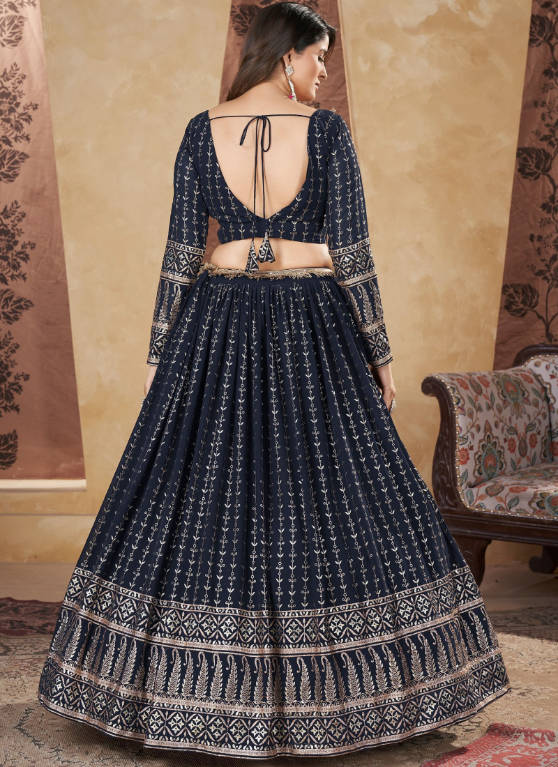 Fantastic Foil Work Georgette Navy Blue Wedding Wear Lehenga Choli