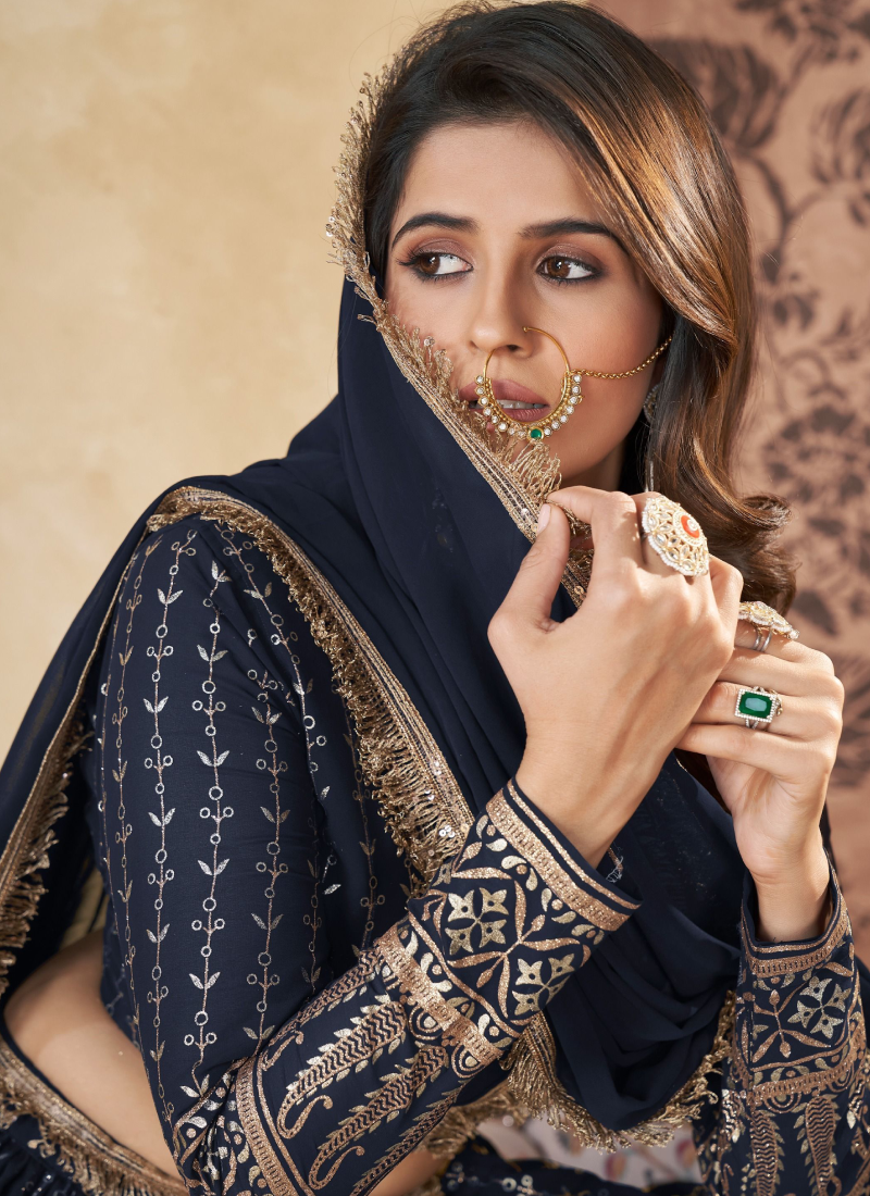 Fantastic Foil Work Georgette Navy Blue Wedding Wear Lehenga Choli