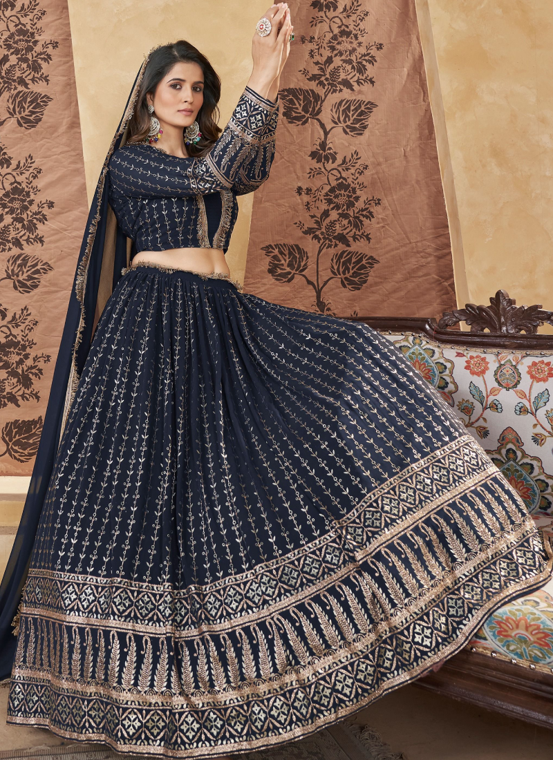 Fantastic Foil Work Georgette Navy Blue Wedding Wear Lehenga Choli