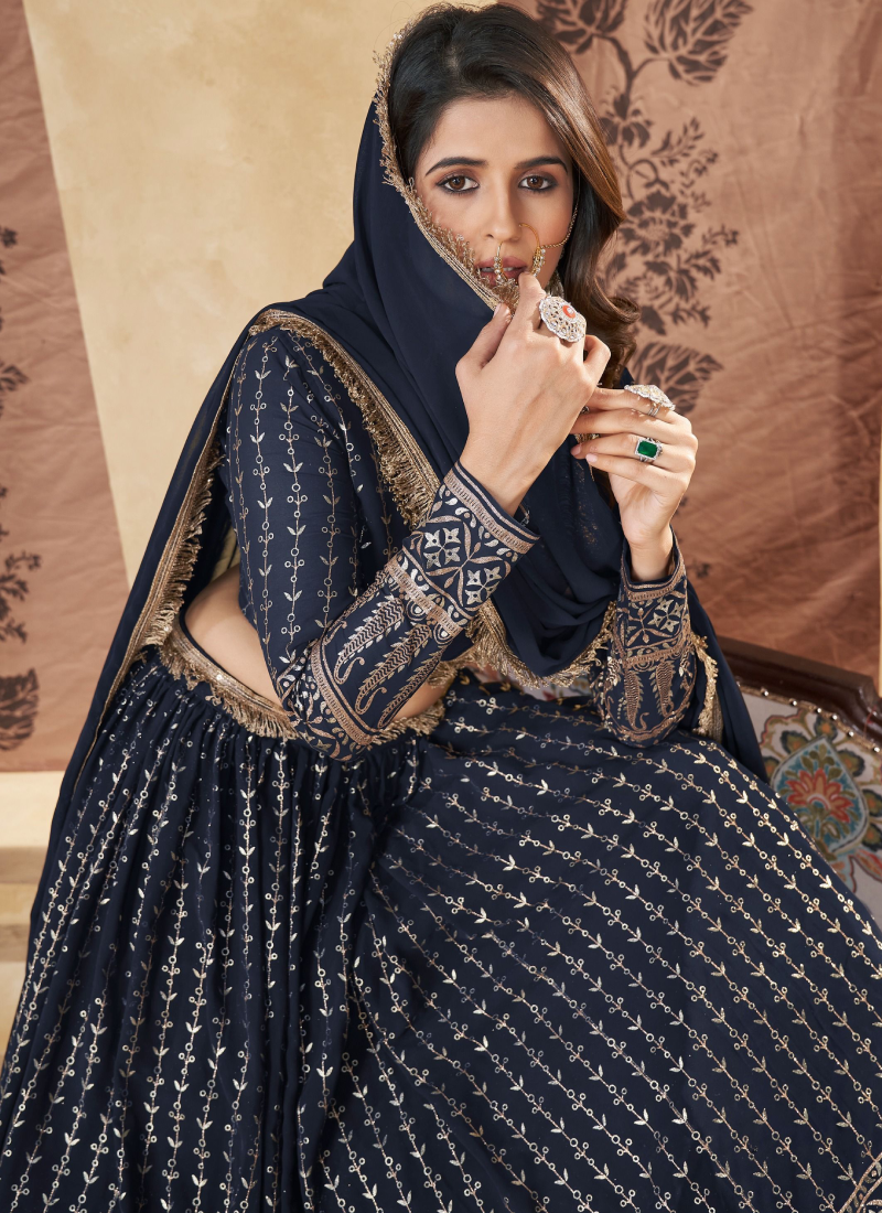 Fantastic Foil Work Georgette Navy Blue Wedding Wear Lehenga Choli