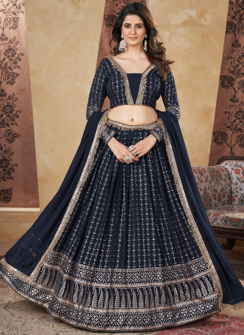 Fantastic Foil Work Georgette Navy Blue Wedding Wear Lehenga Choli