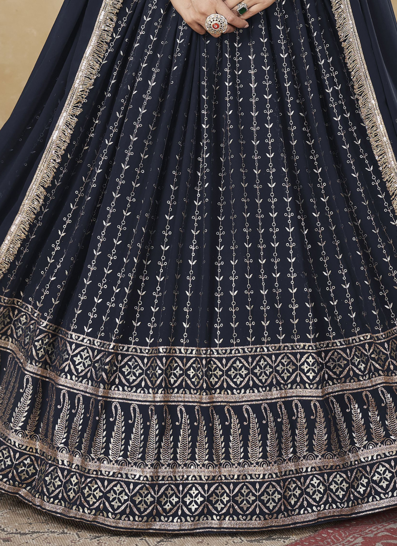 Fantastic Foil Work Georgette Navy Blue Wedding Wear Lehenga Choli