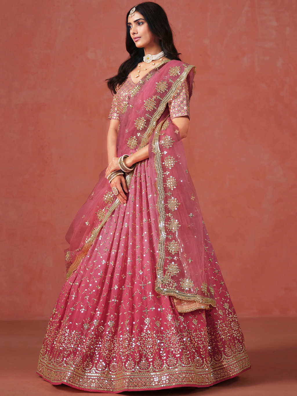 Fantastic Georgette Zari Embroidered Peach Lehenga Choli For Women