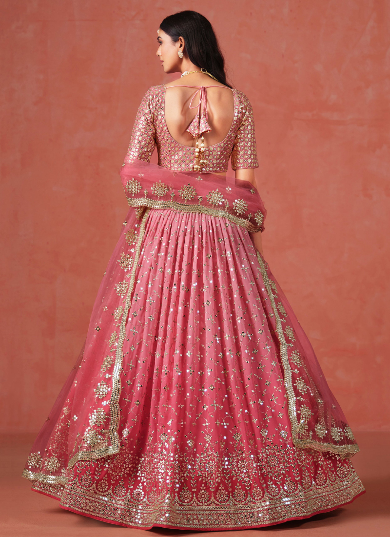 Fantastic Georgette Zari Embroidered Peach Lehenga Choli For Women