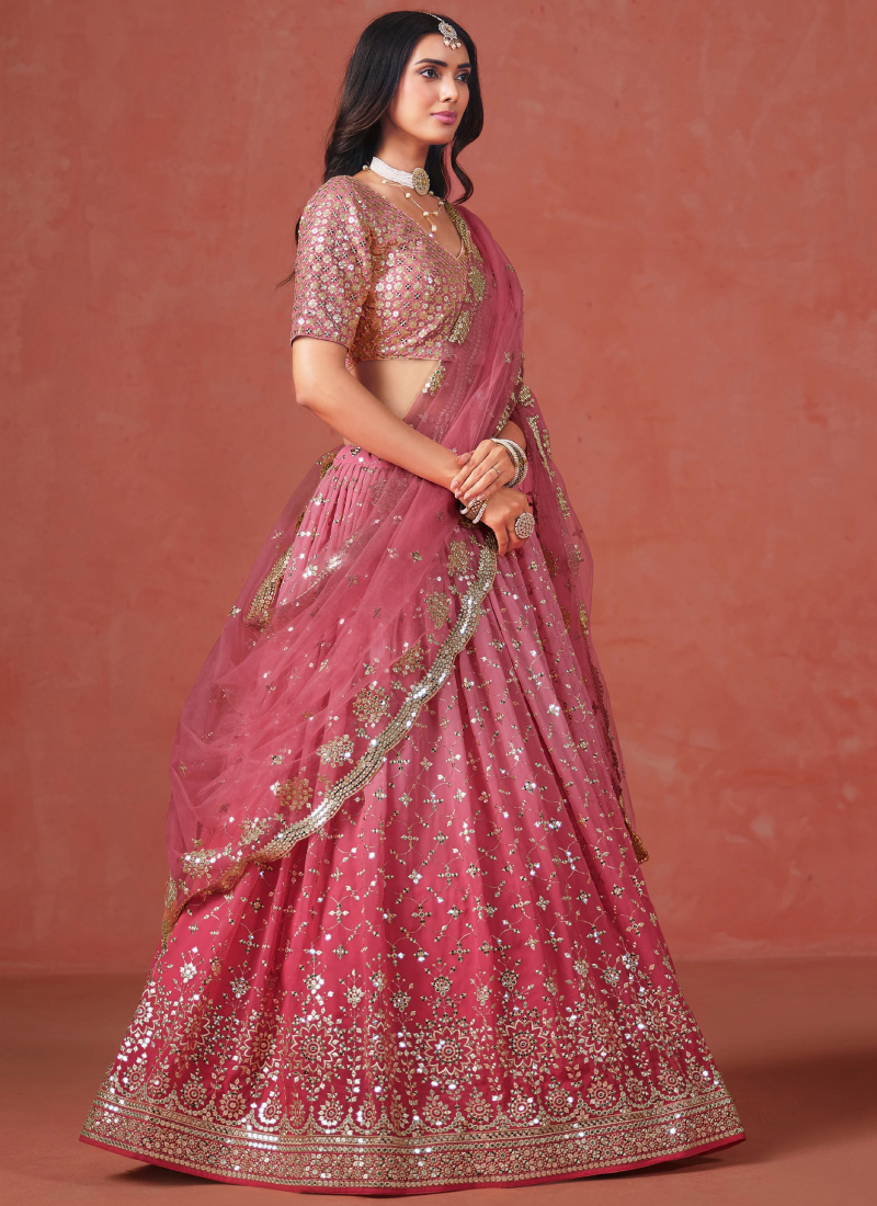 Fantastic Georgette Zari Embroidered Peach Lehenga Choli For Women