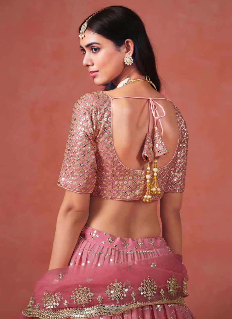 Fantastic Georgette Zari Embroidered Peach Lehenga Choli For Women