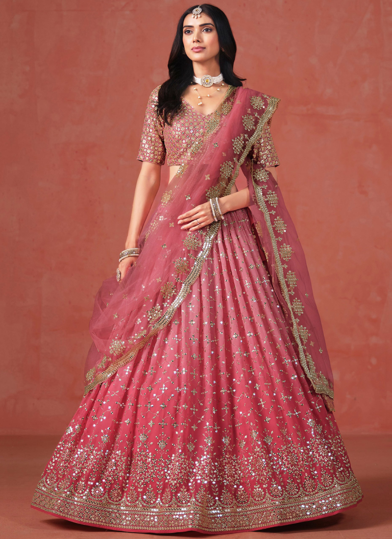 Fantastic Georgette Zari Embroidered Peach Lehenga Choli For Women