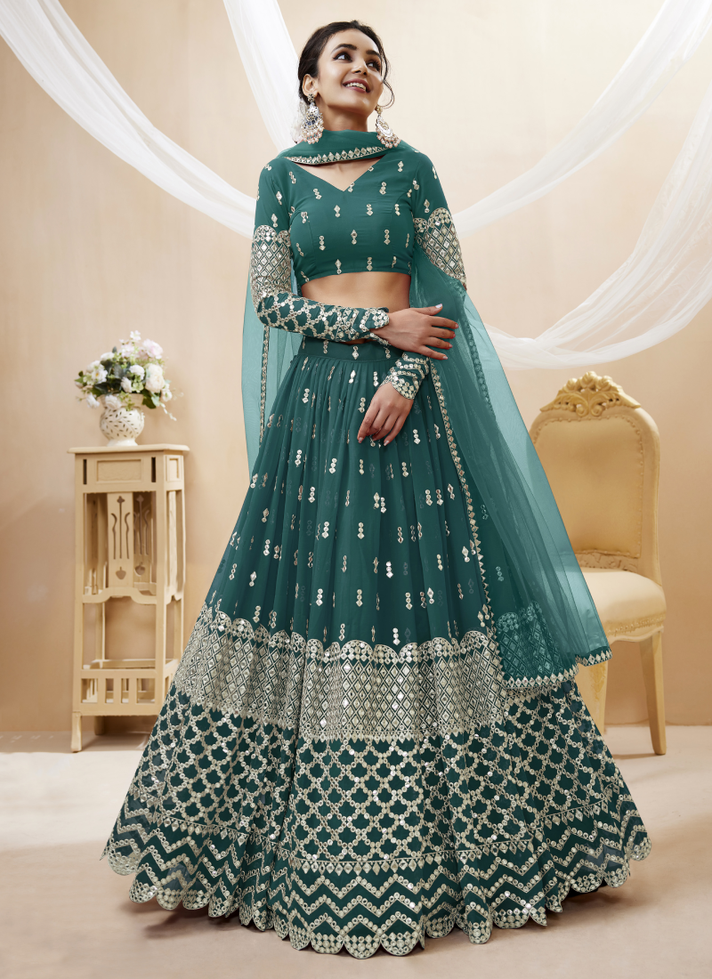 Fantastic Teal Blue Zari Work Georgette Lehenga Choli
